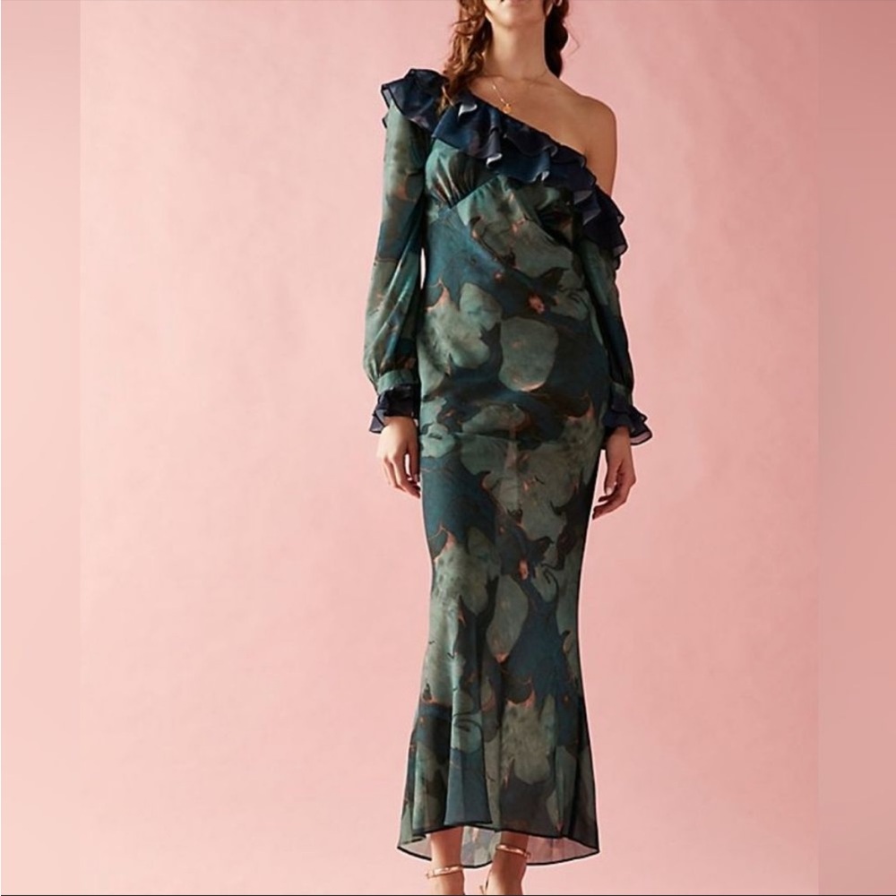 Stone Cold Fox One-Shoulder Floral Maxi Dress in Teal and Navy